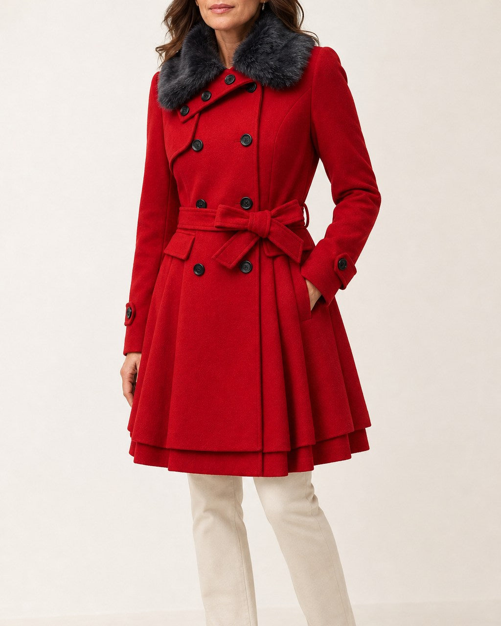 Rebecca Warm Fur Collar Peplum Wool Coat for Women